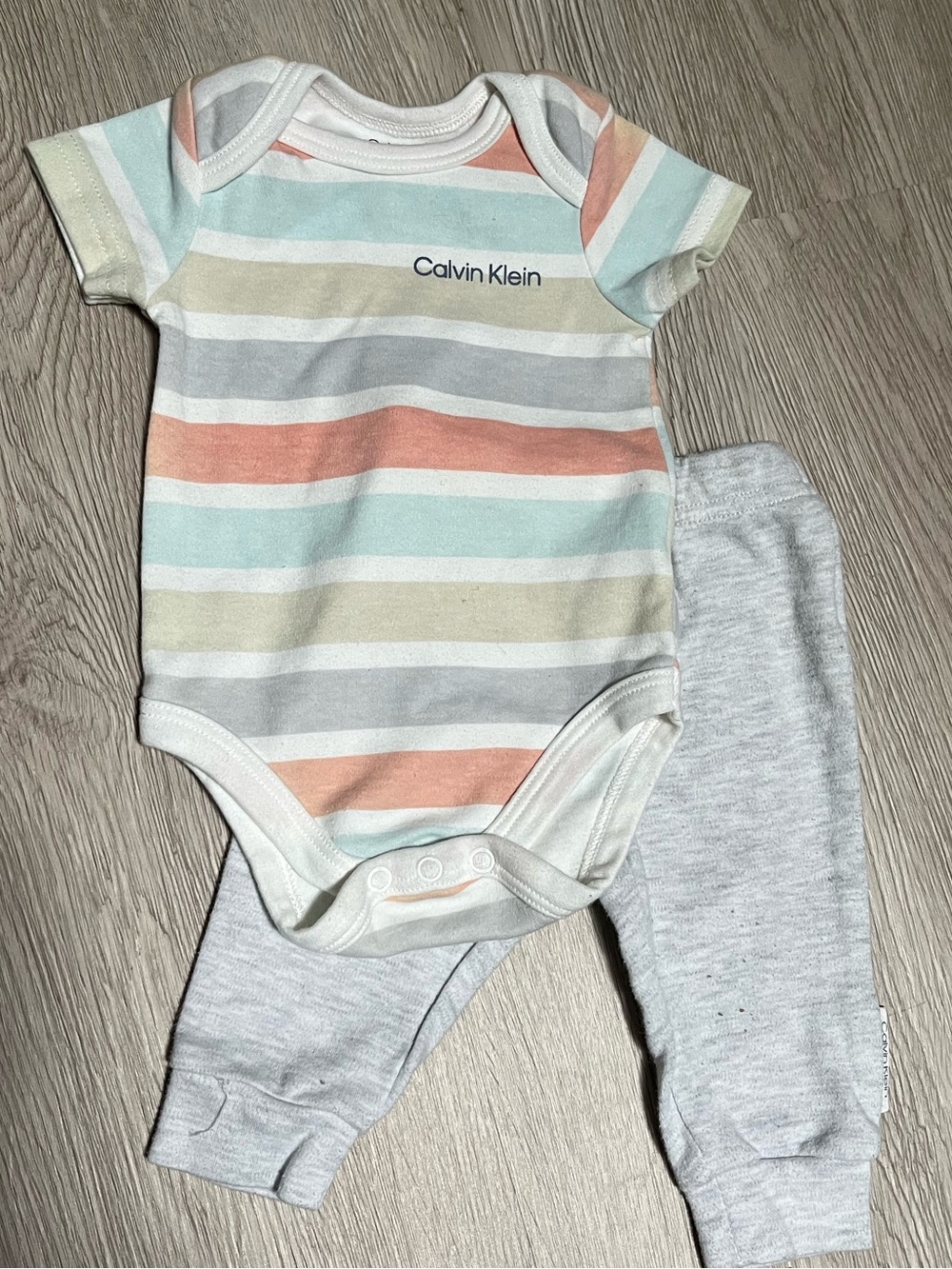Calvin Klein Pastel Stripe Short-Sleeve Bodysuit with Light Gray Pants